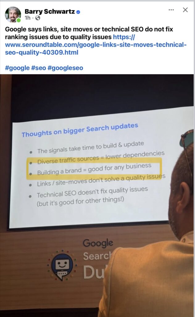 Barry Schwartz from SEO Roundtable shares a slide from Google presentation about brand